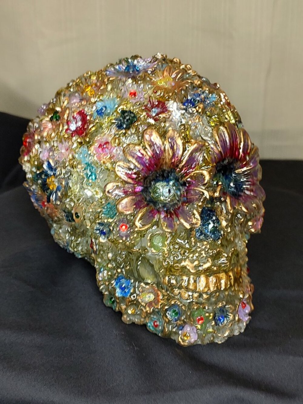 Handmade Resin Skull, floral and gold themed